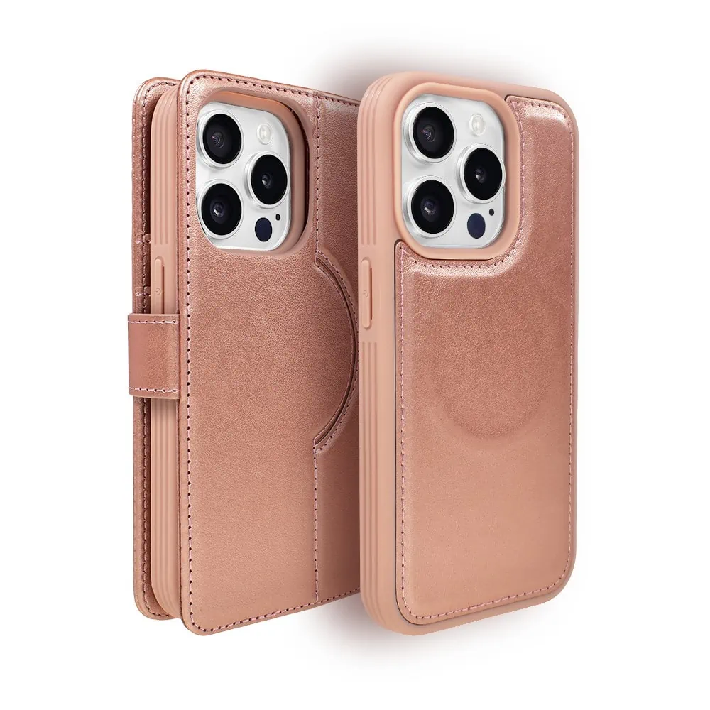 Etui do iPhone 14 Pro 3w1 Magsafe Double Book, zestaw etui oraz kabura z podstawką, różowe złoto