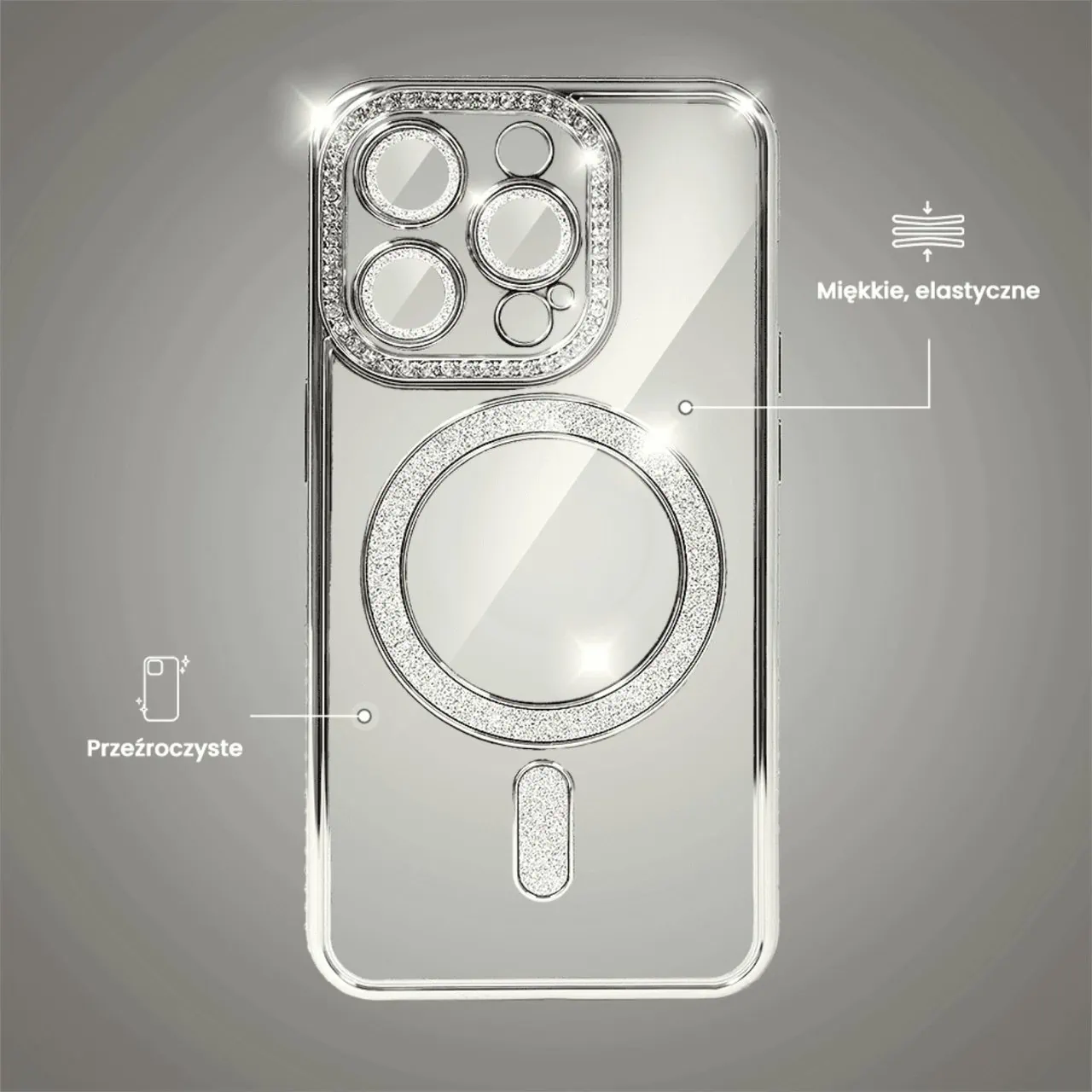 Etui do iPhone 14 Pro Diadem Glow, błyszczące z MagSafe, przeźroczyste, srebrne