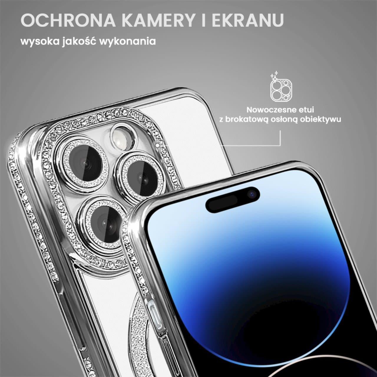 Etui do iPhone 14 Pro Diadem Glow, błyszczące z MagSafe, przeźroczyste, srebrne