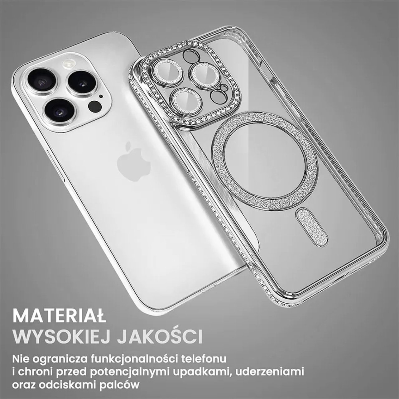 Etui do iPhone 14 Pro Diadem Glow, błyszczące z MagSafe, przeźroczyste, srebrne