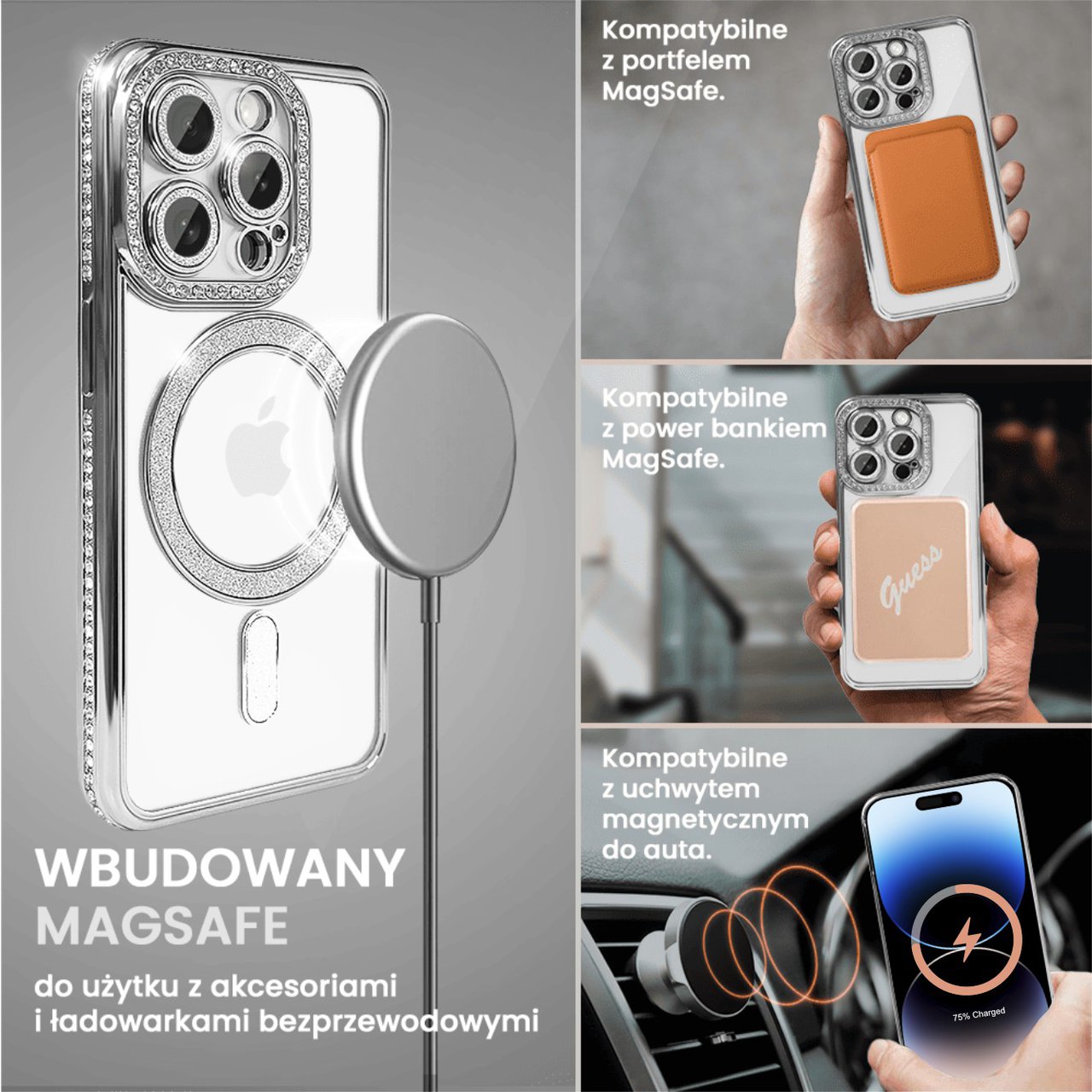 Etui do iPhone 14 Pro Diadem Glow, błyszczące z MagSafe, przeźroczyste, srebrne