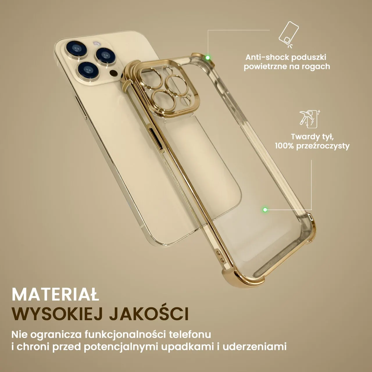 Etui do iPhone 14 Pro Hybrid Elegance Anti-Shock z osłoną na aparat i poduszkami, złote (OUTLET)