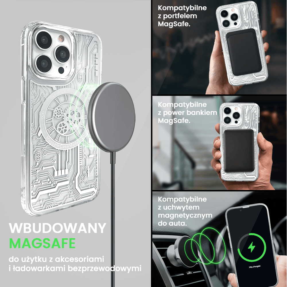 Etui do iPhone 14 Pro ClockWork MagSafe, przeźroczyste z mechanizmem w środku, srebrne