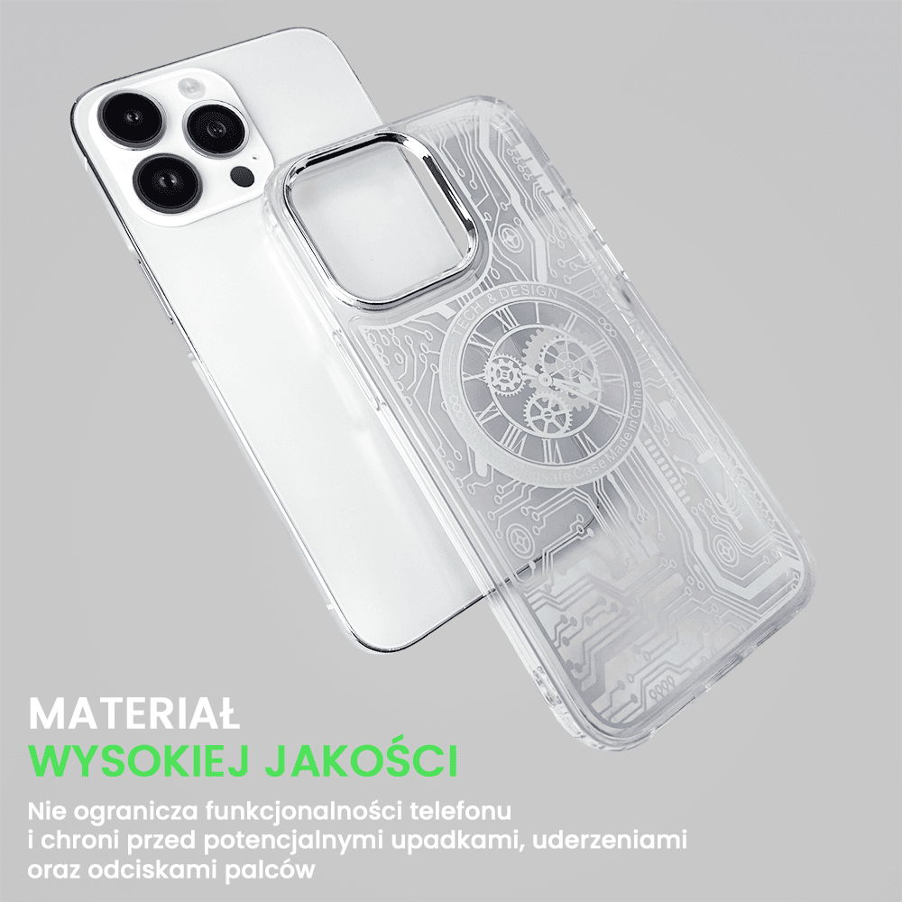 Etui do iPhone 14 Pro ClockWork MagSafe, przeźroczyste z mechanizmem w środku, srebrne