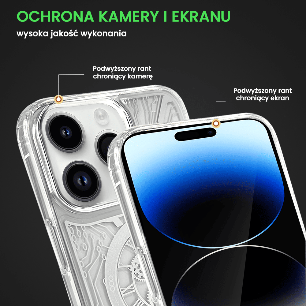 Etui do iPhone 14 Pro ClockWork MagSafe, przeźroczyste z mechanizmem w środku, srebrne
