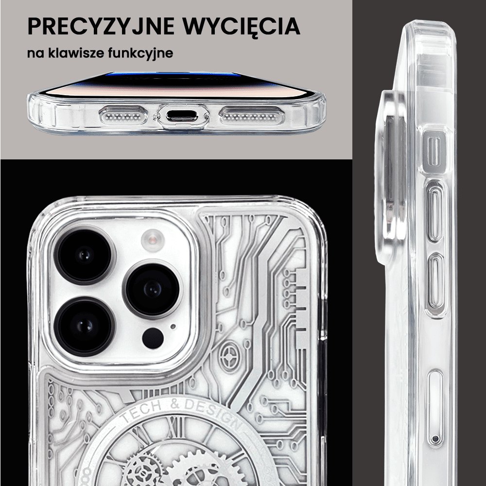 Etui do iPhone 14 Pro ClockWork MagSafe, przeźroczyste z mechanizmem w środku, srebrne