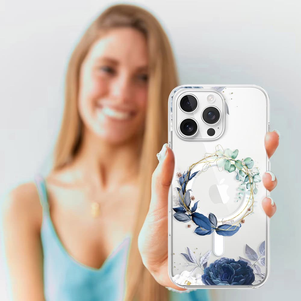 Etui do iPhone 14 Pro, Flower MagSafe, niebieskie kwiaty, przeźroczyste