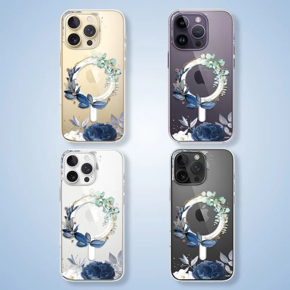 Etui do iPhone 14 Pro, Flower MagSafe, niebieskie kwiaty, przeźroczyste