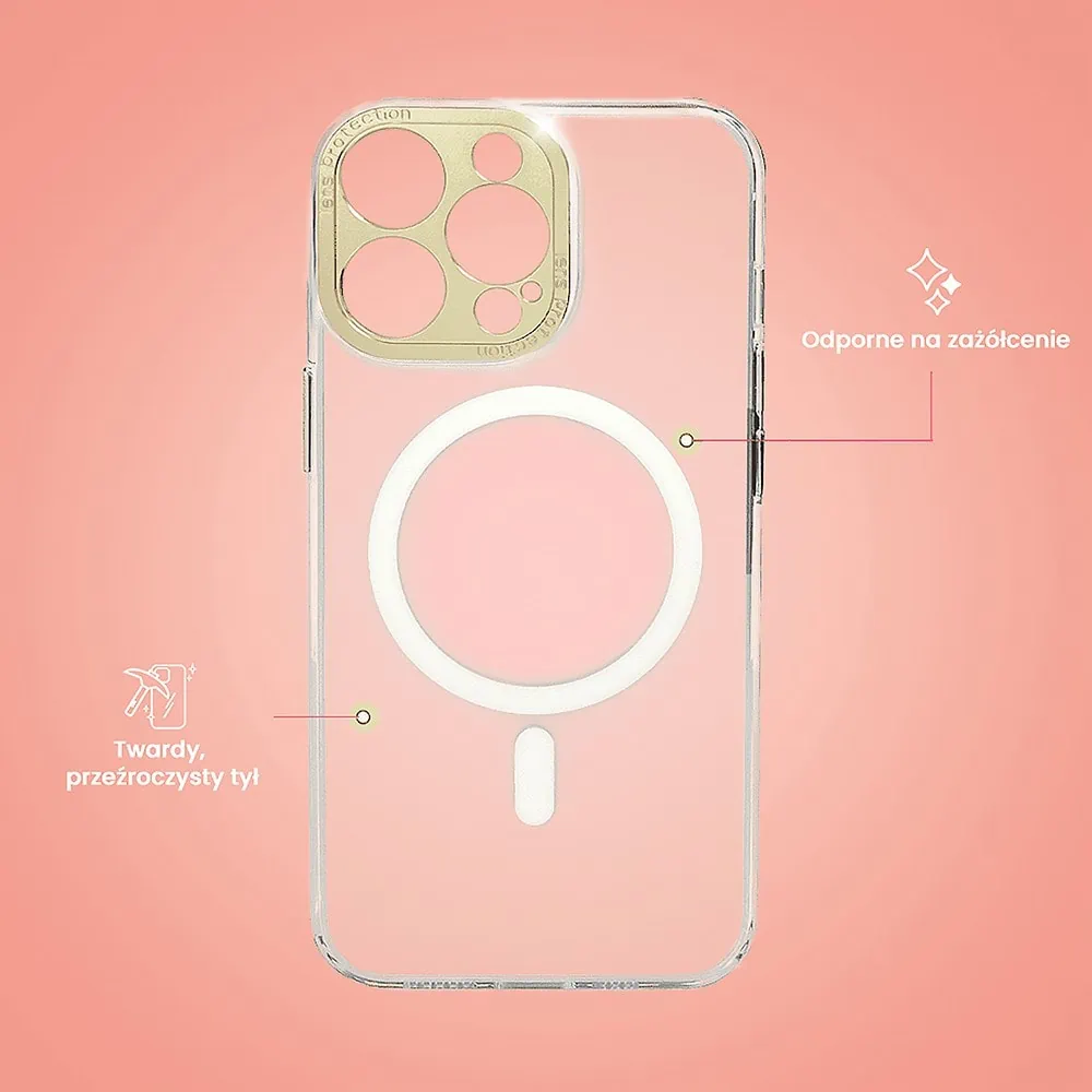 Etui do iPhone 14 Pro z MagSafe, metalowa, złota osłona aparatu, krystaliczny tył, złote przyciski