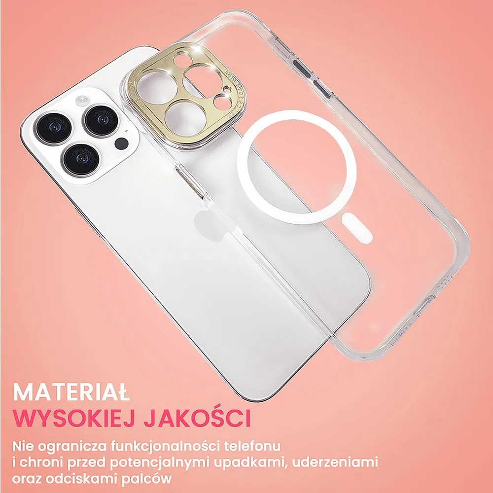Etui do iPhone 14 Pro z MagSafe, metalowa, złota osłona aparatu, krystaliczny tył, złote przyciski