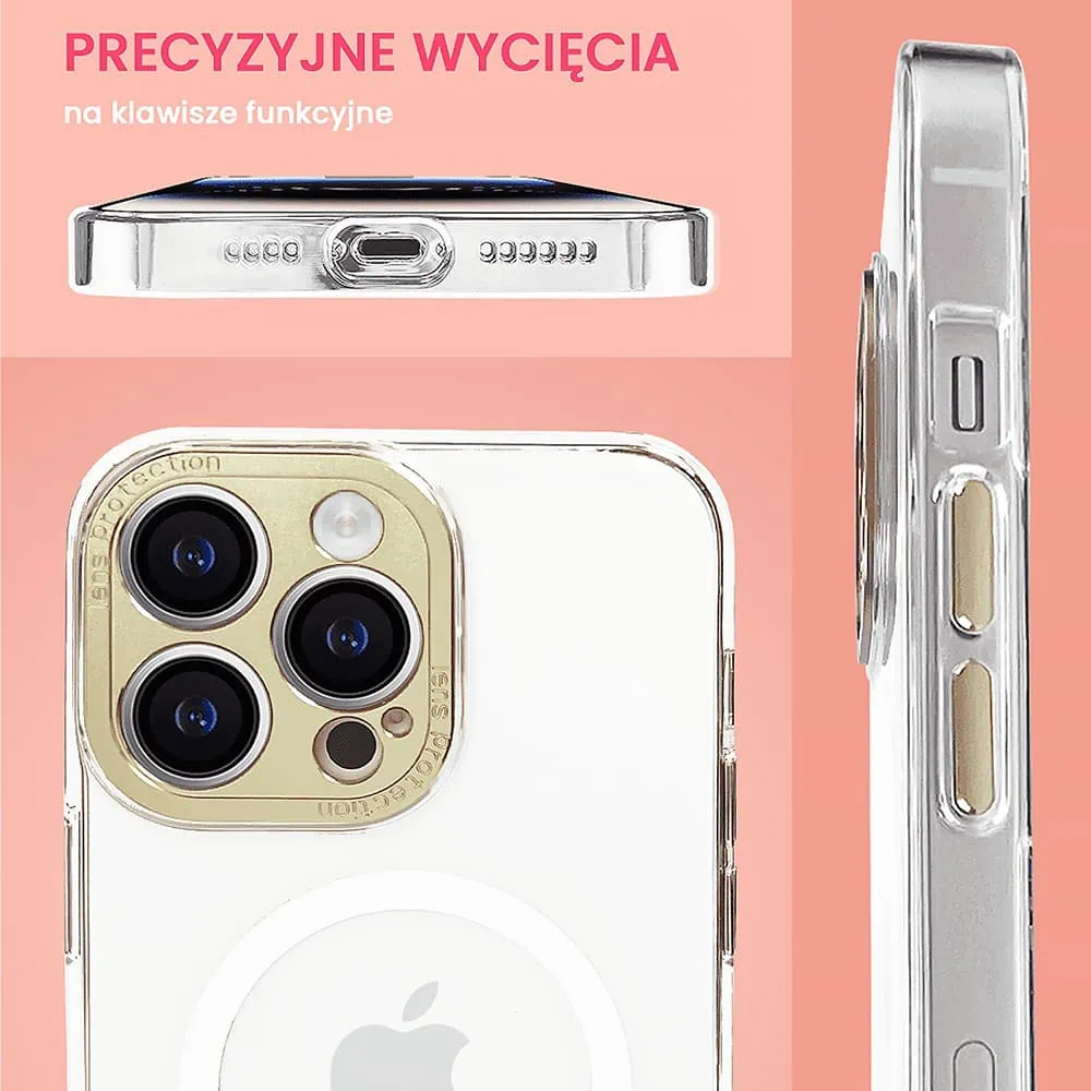 Etui do iPhone 14 Pro z MagSafe, metalowa, złota osłona aparatu, krystaliczny tył, złote przyciski
