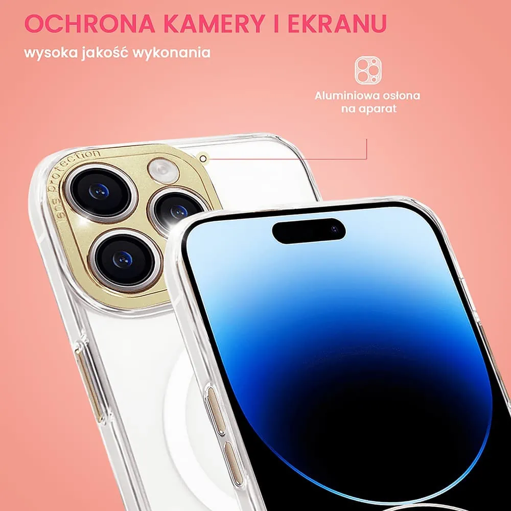 Etui do iPhone 14 Pro z MagSafe, metalowa, złota osłona aparatu, krystaliczny tył, złote przyciski