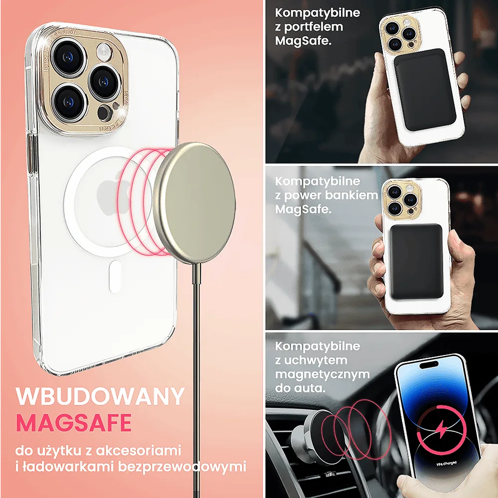 Etui do iPhone 14 Pro z MagSafe, metalowa, złota osłona aparatu, krystaliczny tył, złote przyciski