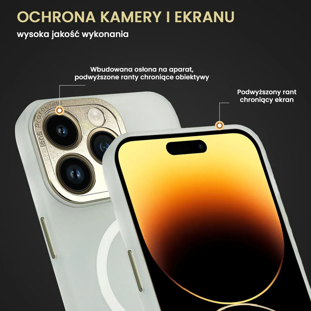 Etui do iPhone 14 Pro z MagSafe, metalowa, złota osłona aparatu, matowy niepalcujący tył, złote przyciski
