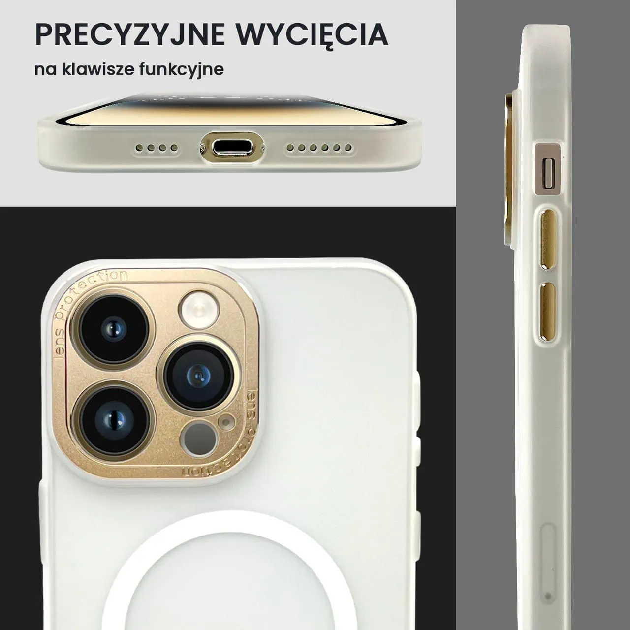Etui do iPhone 14 Pro z MagSafe, metalowa, złota osłona aparatu, matowy niepalcujący tył, złote przyciski