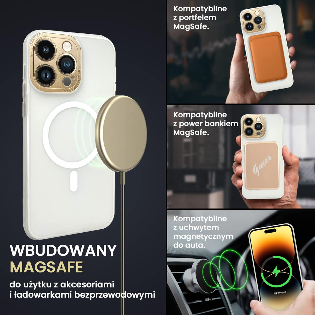 Etui do iPhone 14 Pro z MagSafe, metalowa, złota osłona aparatu, matowy niepalcujący tył, złote przyciski