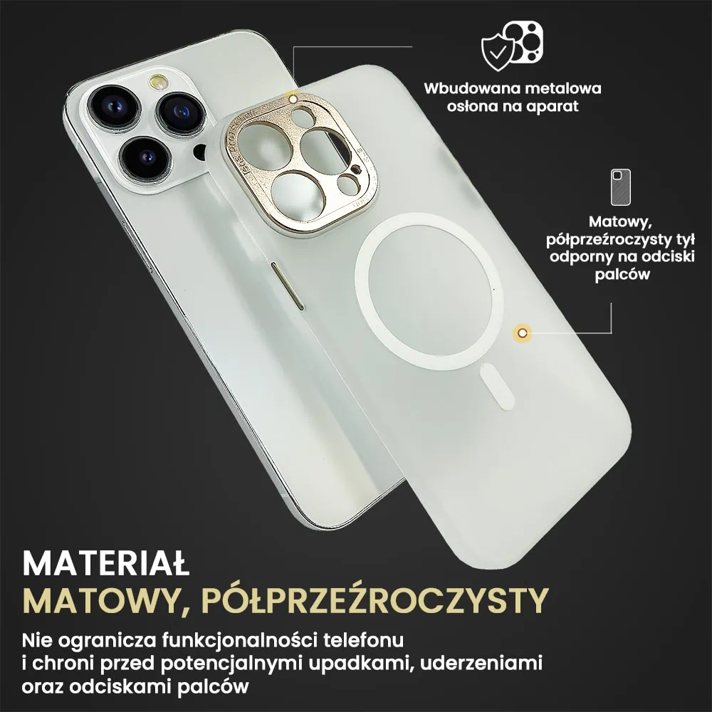 Etui do iPhone 14 Pro z MagSafe, metalowa, złota osłona aparatu, matowy niepalcujący tył, złote przyciski