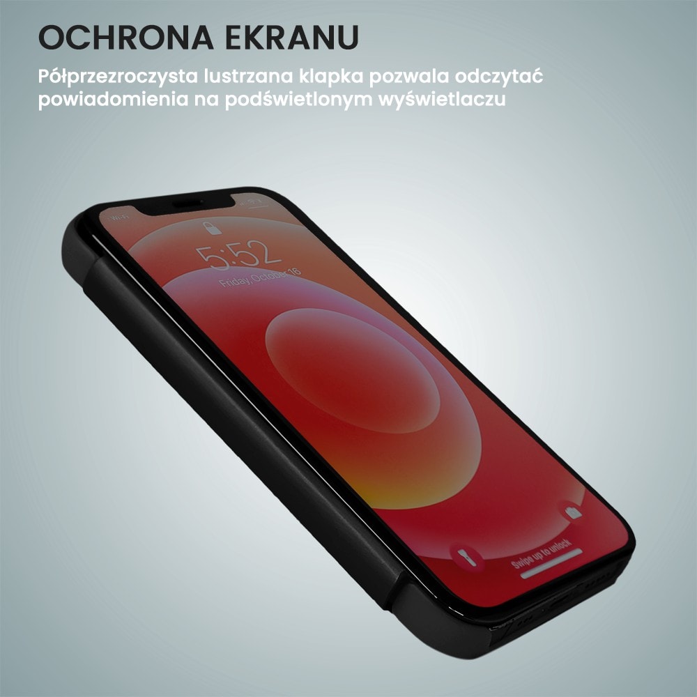 Etui do iPhone 14 Pro Mirror View zamykane typu książka, eleganckie lustrzane, czarne