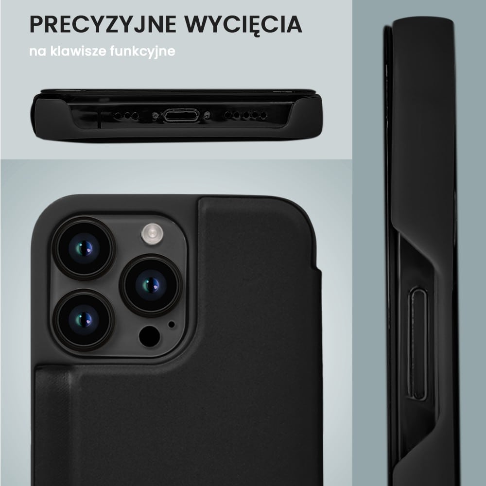 Etui do iPhone 14 Pro Mirror View zamykane typu książka, eleganckie lustrzane, czarne