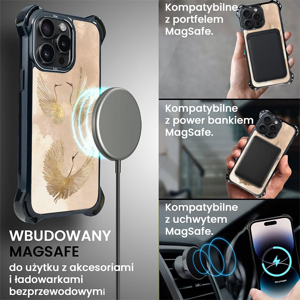 Etui do iPhone 14 Pro, Ibizu DropGuard Ultra z MagSafe, Boho, Złote żurawie