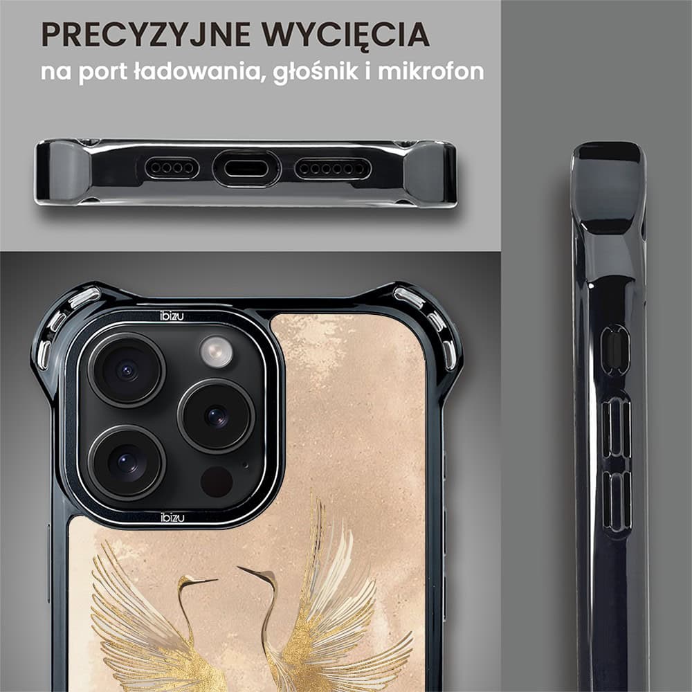 Etui do iPhone 14 Pro, Ibizu DropGuard Ultra z MagSafe, Boho, Złote żurawie