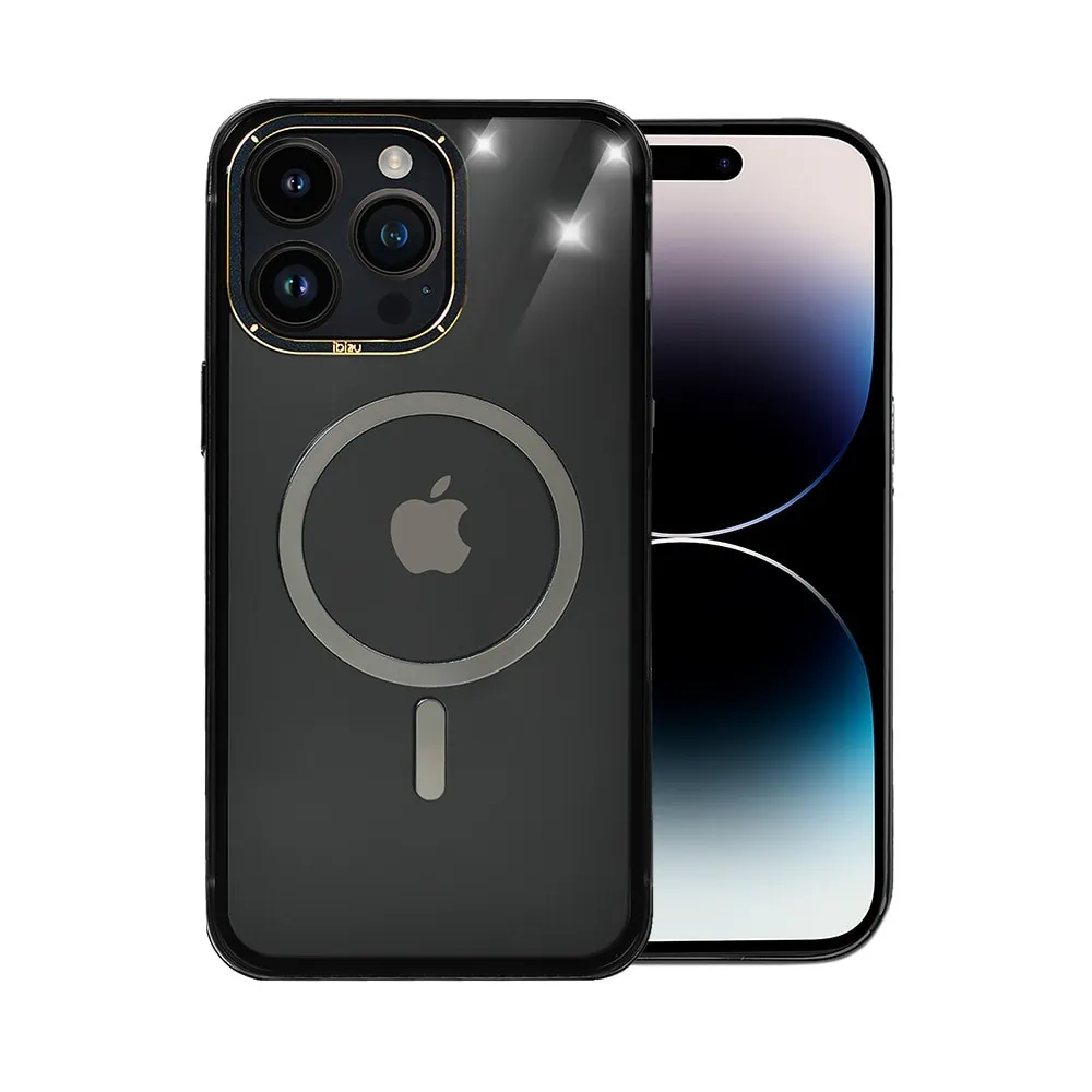 Etui do iPhone 14 Pro, Ibizu Elite Skin Cam Ring, krystalicznie czyste z metalową ramką, czarne z Magsafe