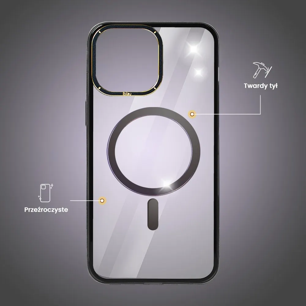 Etui do iPhone 14 Pro, Ibizu Elite Skin Cam Ring, krystalicznie czyste z metalową ramką, czarne z Magsafe
