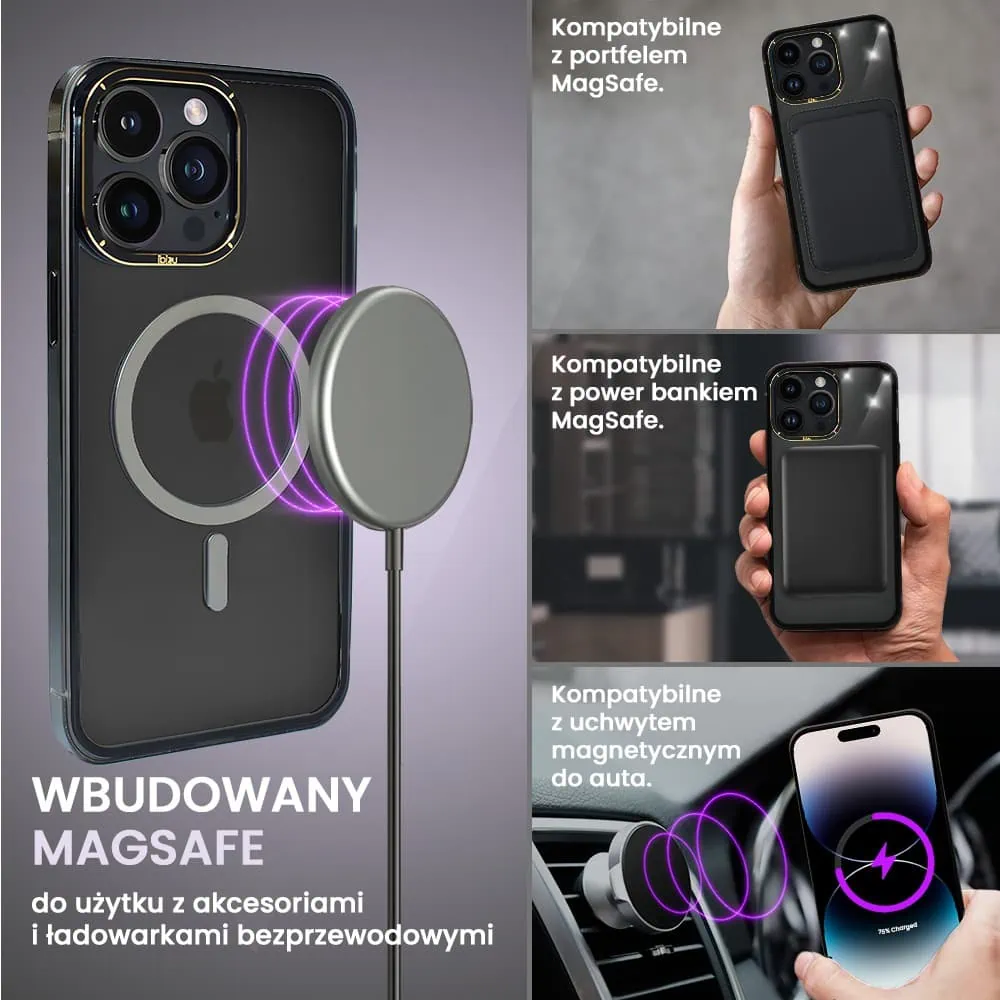 Etui do iPhone 14 Pro, Ibizu Elite Skin Cam Ring, krystalicznie czyste z metalową ramką, czarne z Magsafe