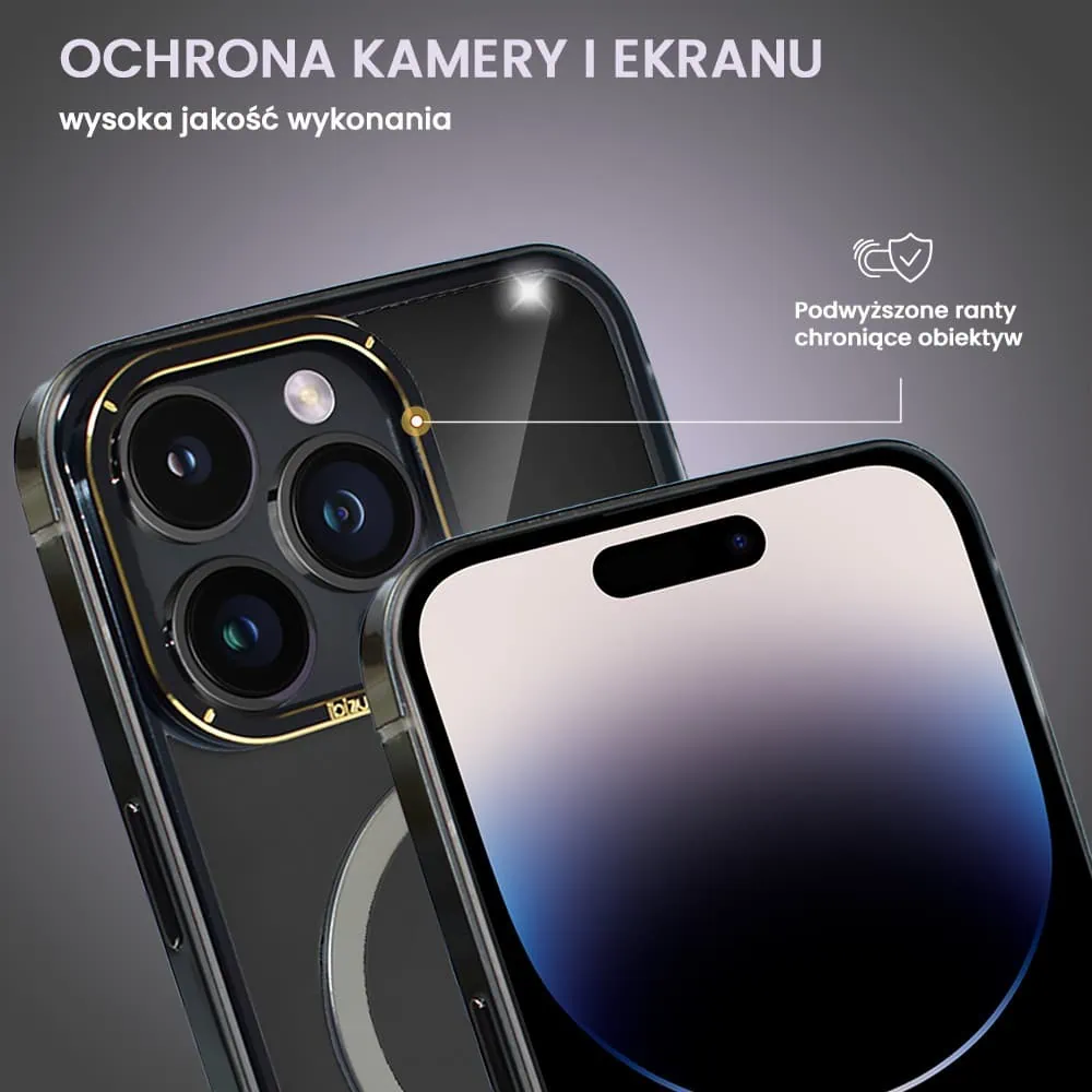 Etui do iPhone 14 Pro, Ibizu Elite Skin Cam Ring, krystalicznie czyste z metalową ramką, czarne z Magsafe