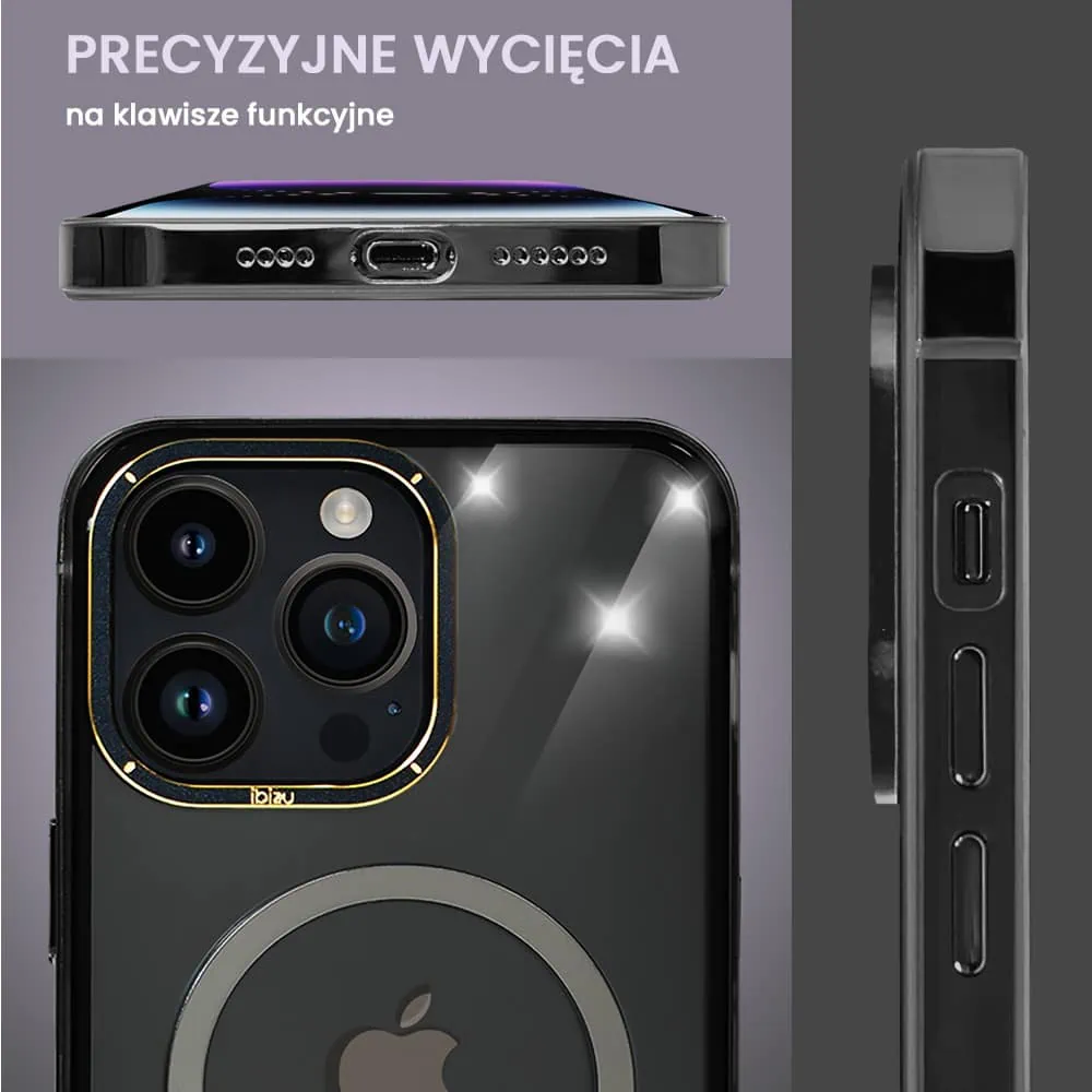 Etui do iPhone 14 Pro, Ibizu Elite Skin Cam Ring, krystalicznie czyste z metalową ramką, czarne z Magsafe