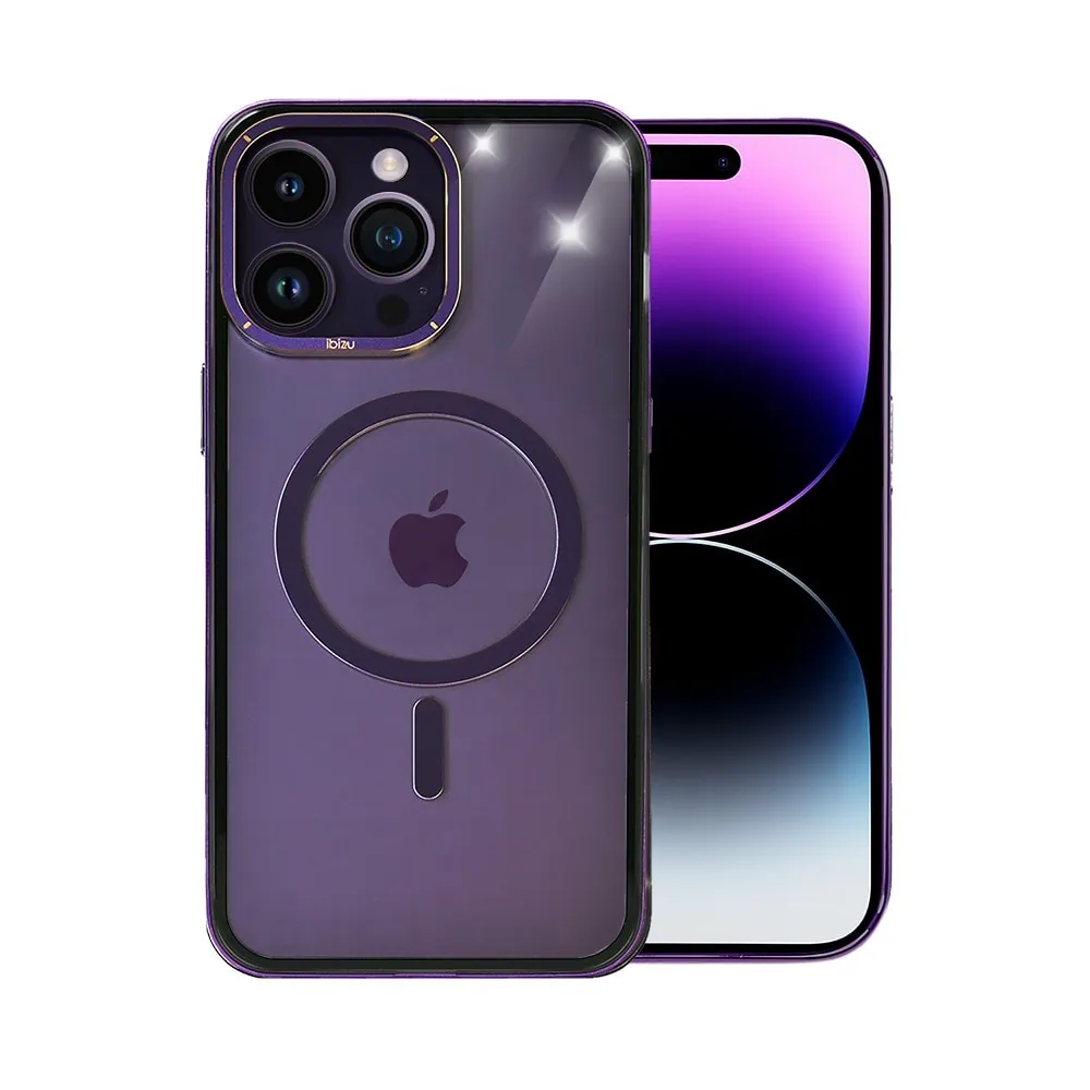 Etui do iPhone 14 Pro, Ibizu Elite Skin Cam Ring, krystalicznie czyste z metalową ramką, purpurowe z Magsafe