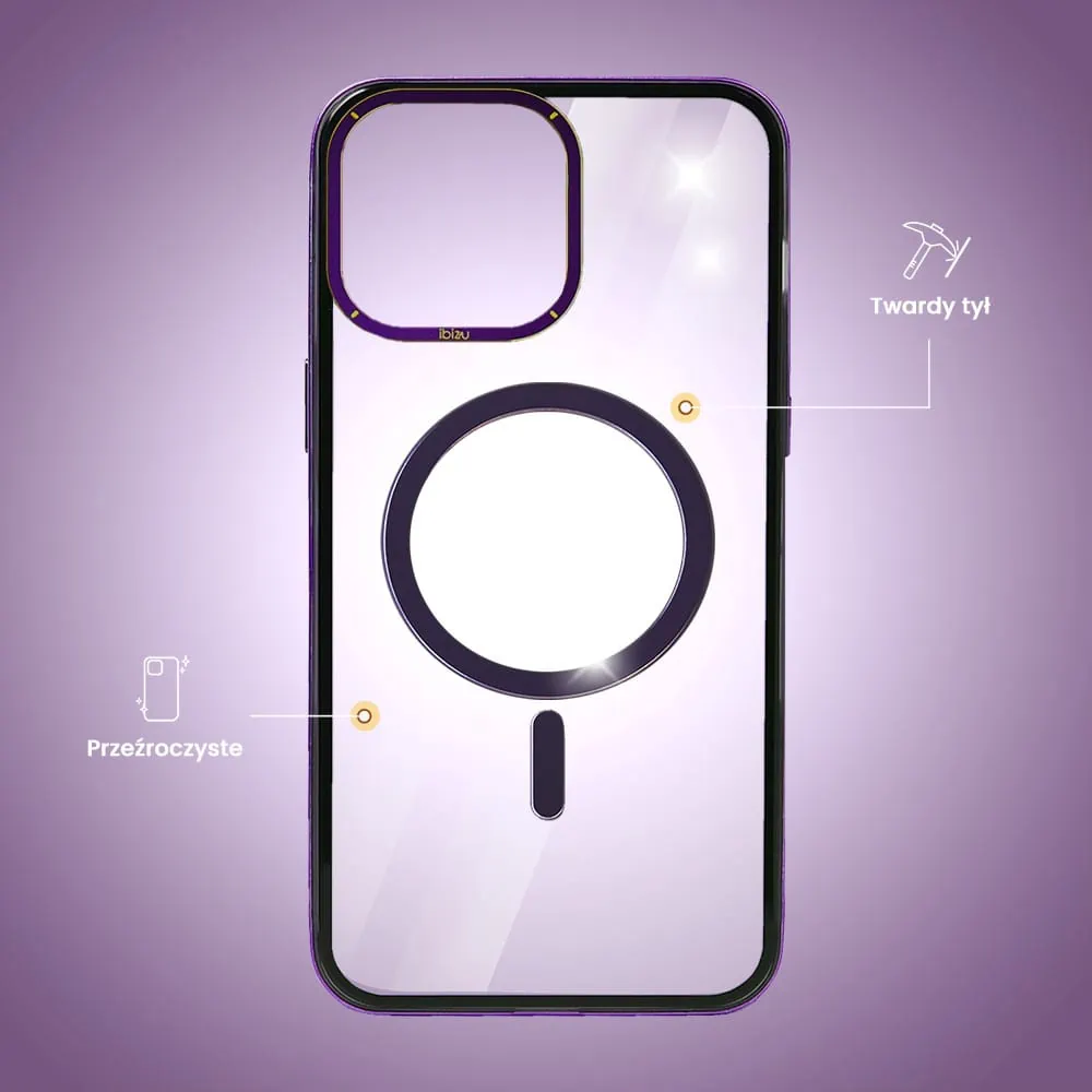 Etui do iPhone 14 Pro, Ibizu Elite Skin Cam Ring, krystalicznie czyste z metalową ramką, purpurowe z Magsafe