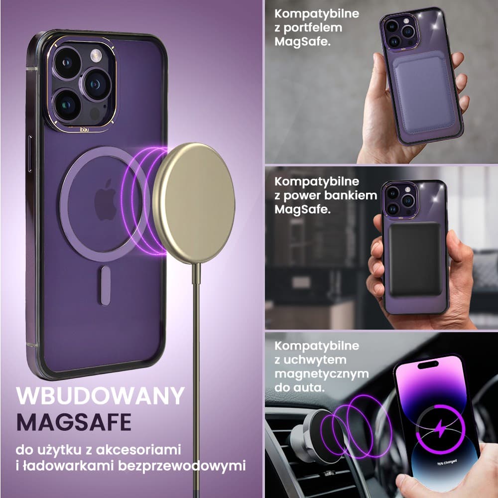 Etui do iPhone 14 Pro, Ibizu Elite Skin Cam Ring, krystalicznie czyste z metalową ramką, purpurowe z Magsafe