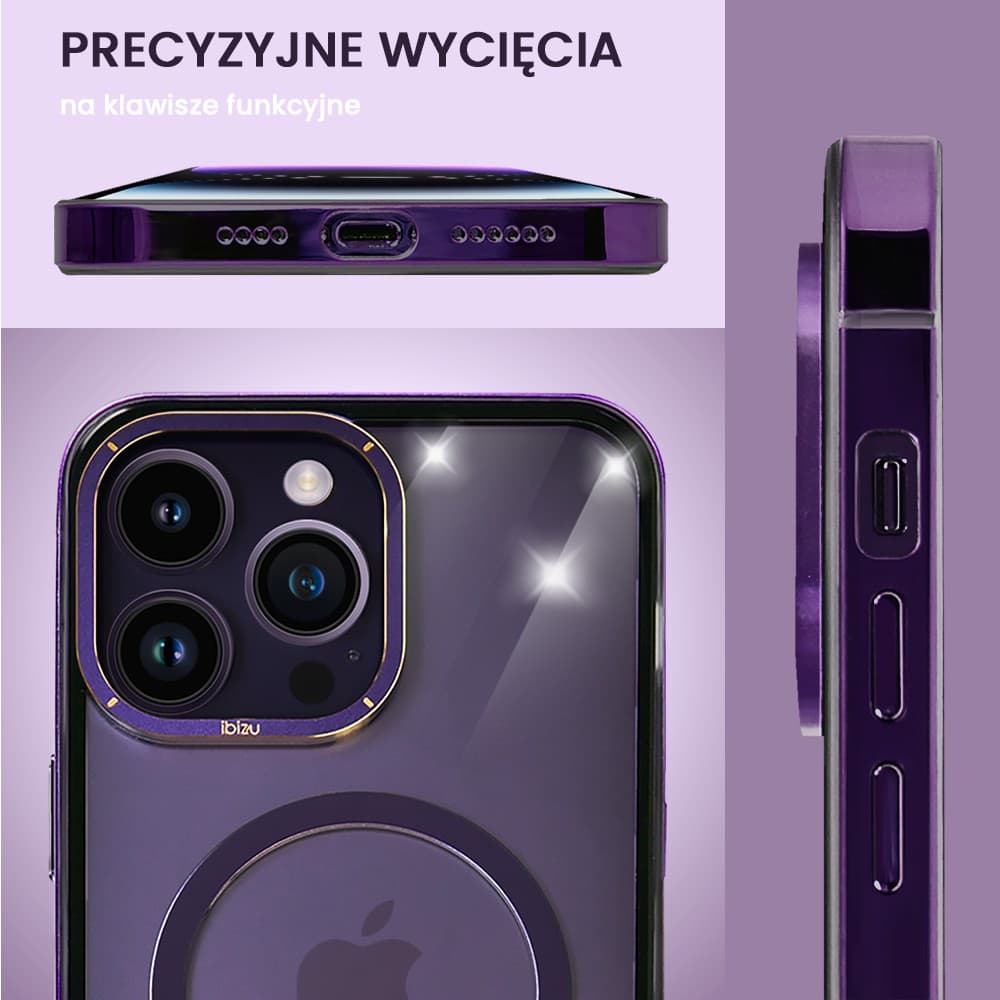 Etui do iPhone 14 Pro, Ibizu Elite Skin Cam Ring, krystalicznie czyste z metalową ramką, purpurowe z Magsafe