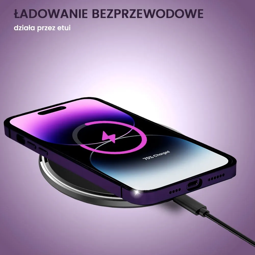 Etui do iPhone 14 Pro, Ibizu Elite Skin Cam Ring, krystalicznie czyste z metalową ramką, purpurowe z Magsafe