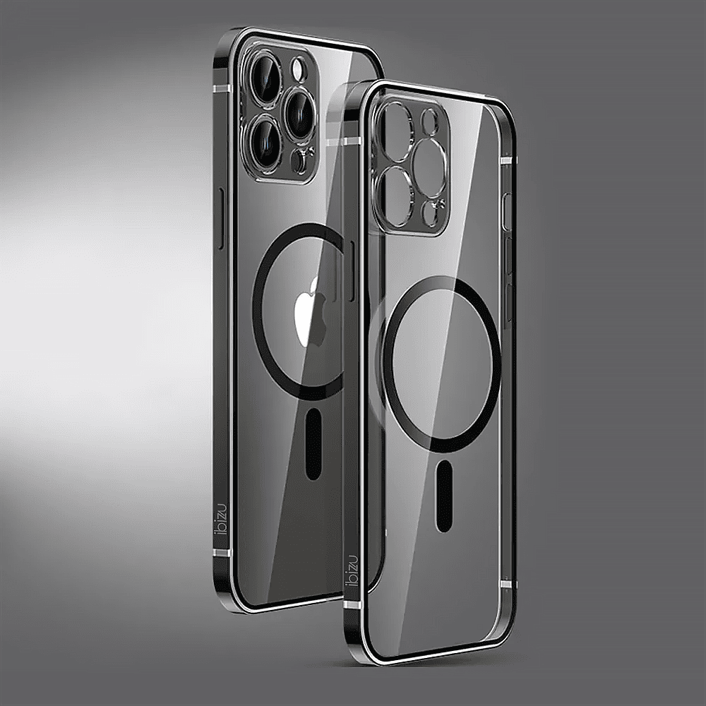 Etui do iPhone 14 Pro Ibizu Elite Skin ultra cienkie, krystalicznie czyste z metalową ramką, czarne z MagSafe (OUTLET)