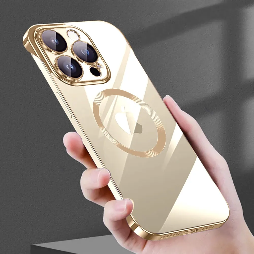 Etui do iPhone 14 Pro MagSafe Luxury Protect Lite przeźroczyste, hybrydowa ochrona kamery, złote