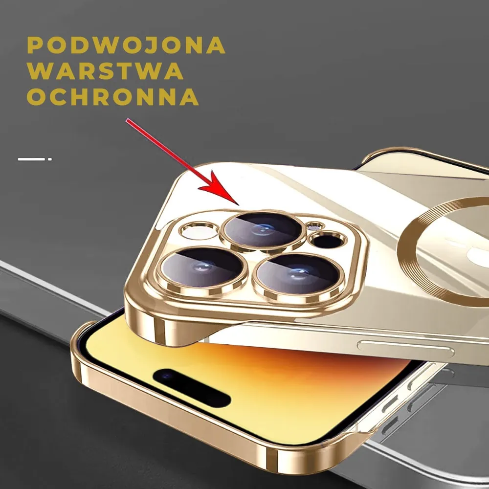 Etui do iPhone 14 Pro MagSafe Luxury Protect Lite przeźroczyste, hybrydowa ochrona kamery, złote