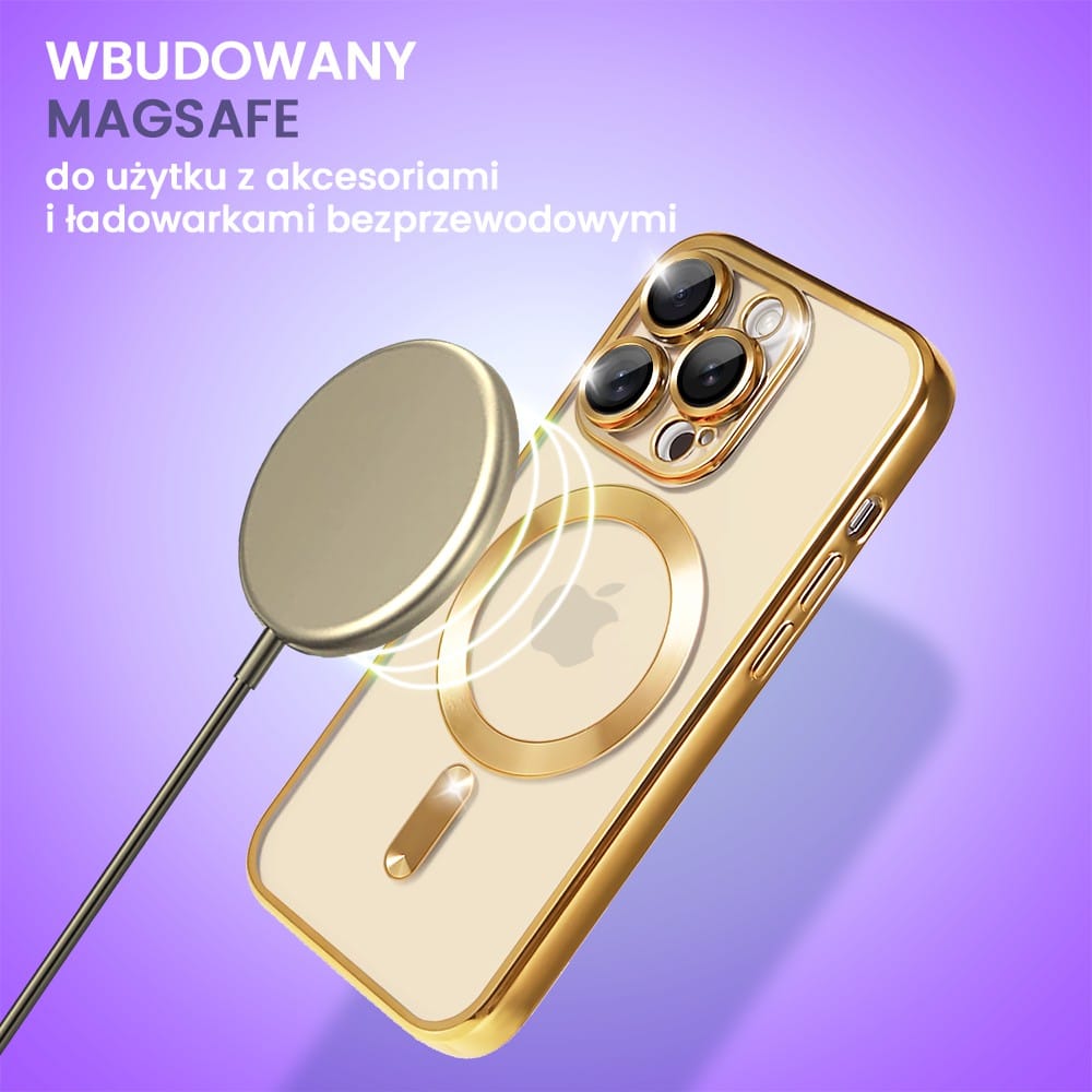 Etui do iPhone 14 Pro MagSafe Luxury Protect przeźroczyste, hybrydowa ochrona kamery, złote
