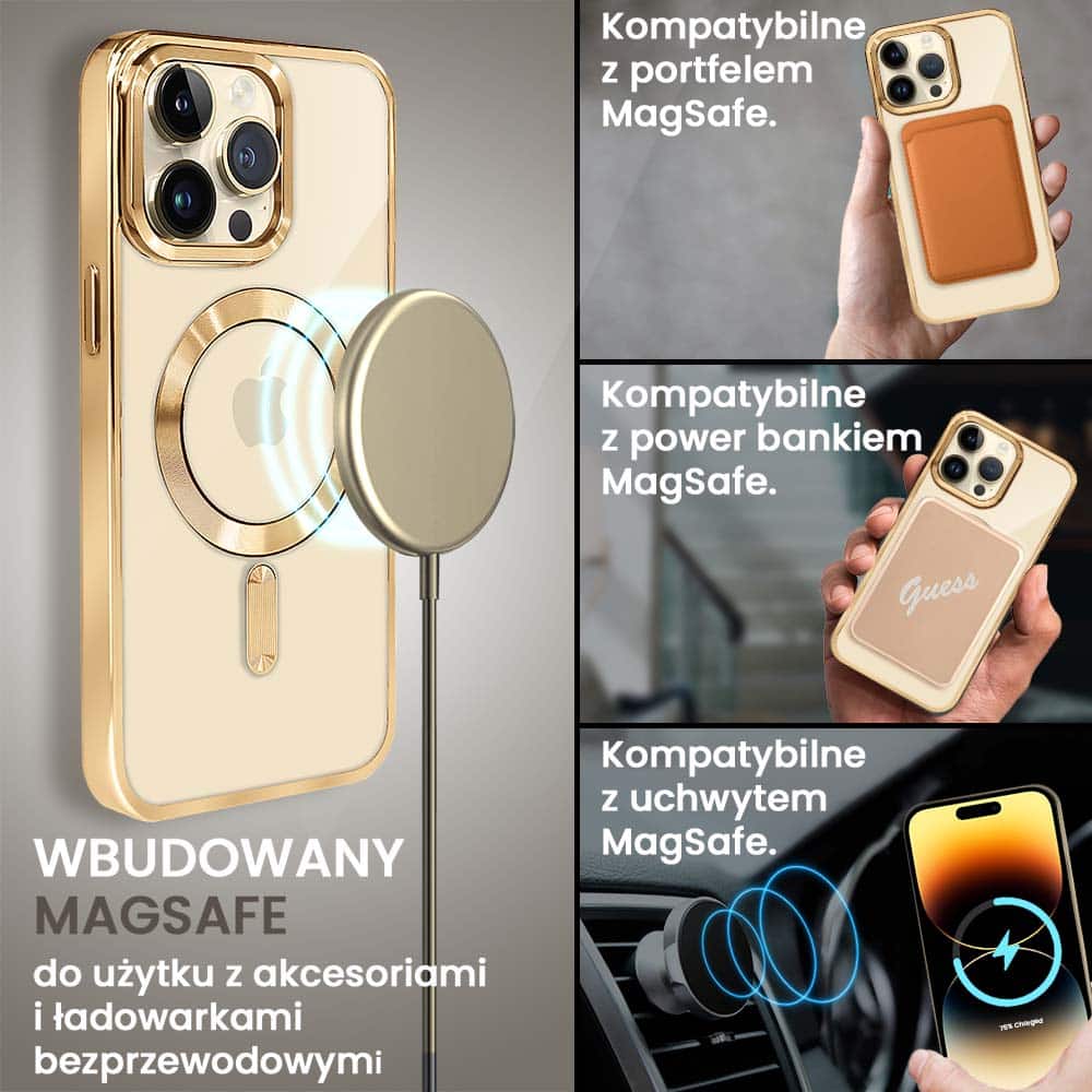 Złote etui MagSafe do iPhone, z akcesoriami ładowania.
