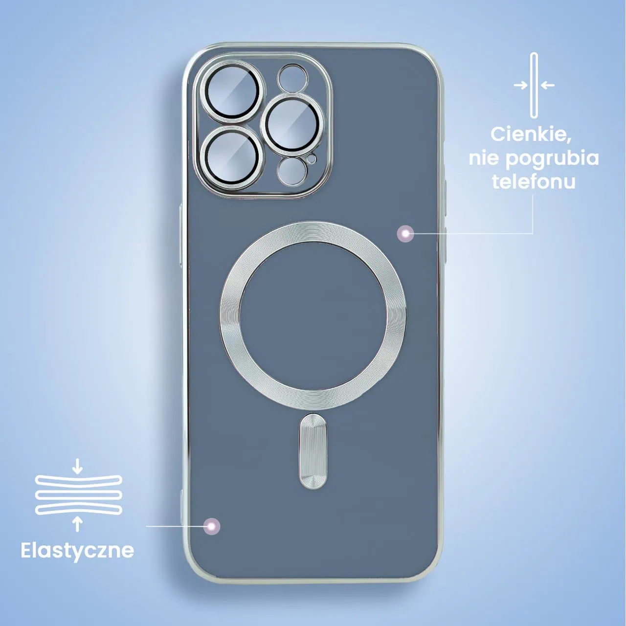 Etui do iPhone 14 Pro Magsafe Silver Elegance, z osłoną aparatu, delikatnie niebieskie