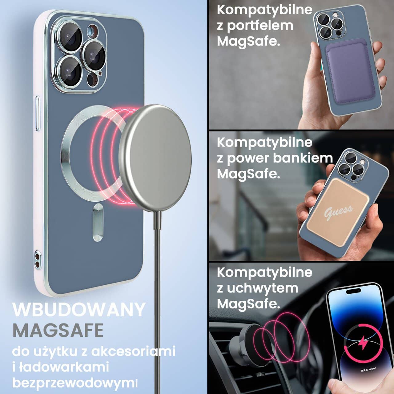 Etui do iPhone 14 Pro Magsafe Silver Elegance, z osłoną aparatu, delikatnie niebieskie