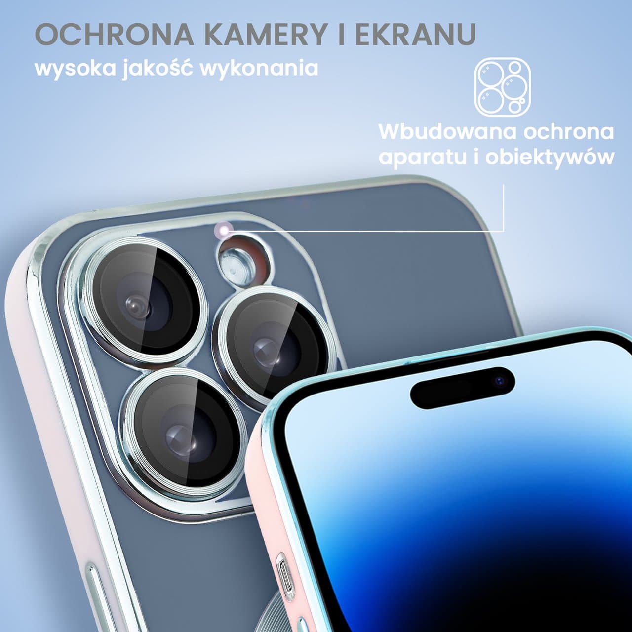 Etui do iPhone 14 Pro Magsafe Silver Elegance, z osłoną aparatu, delikatnie niebieskie