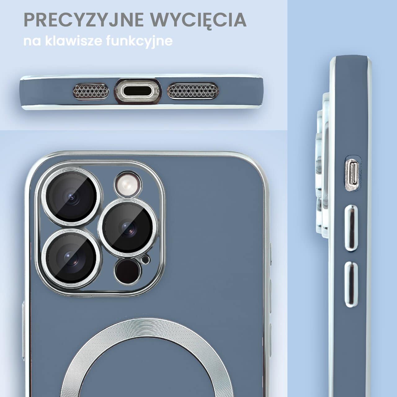 Etui do iPhone 14 Pro Magsafe Silver Elegance, z osłoną aparatu, delikatnie niebieskie