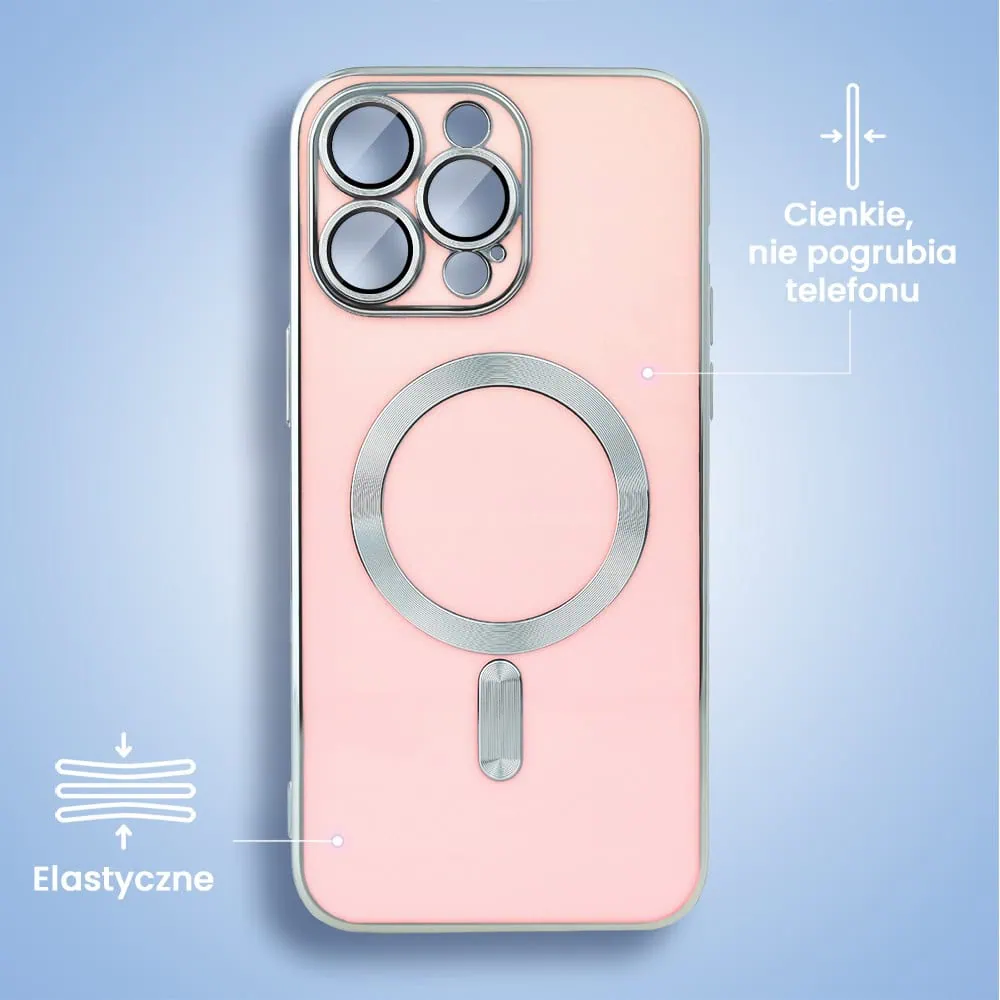 Etui do iPhone 14 Pro Magsafe Silver Elegance, z osłoną aparatu, delikatnie różowe