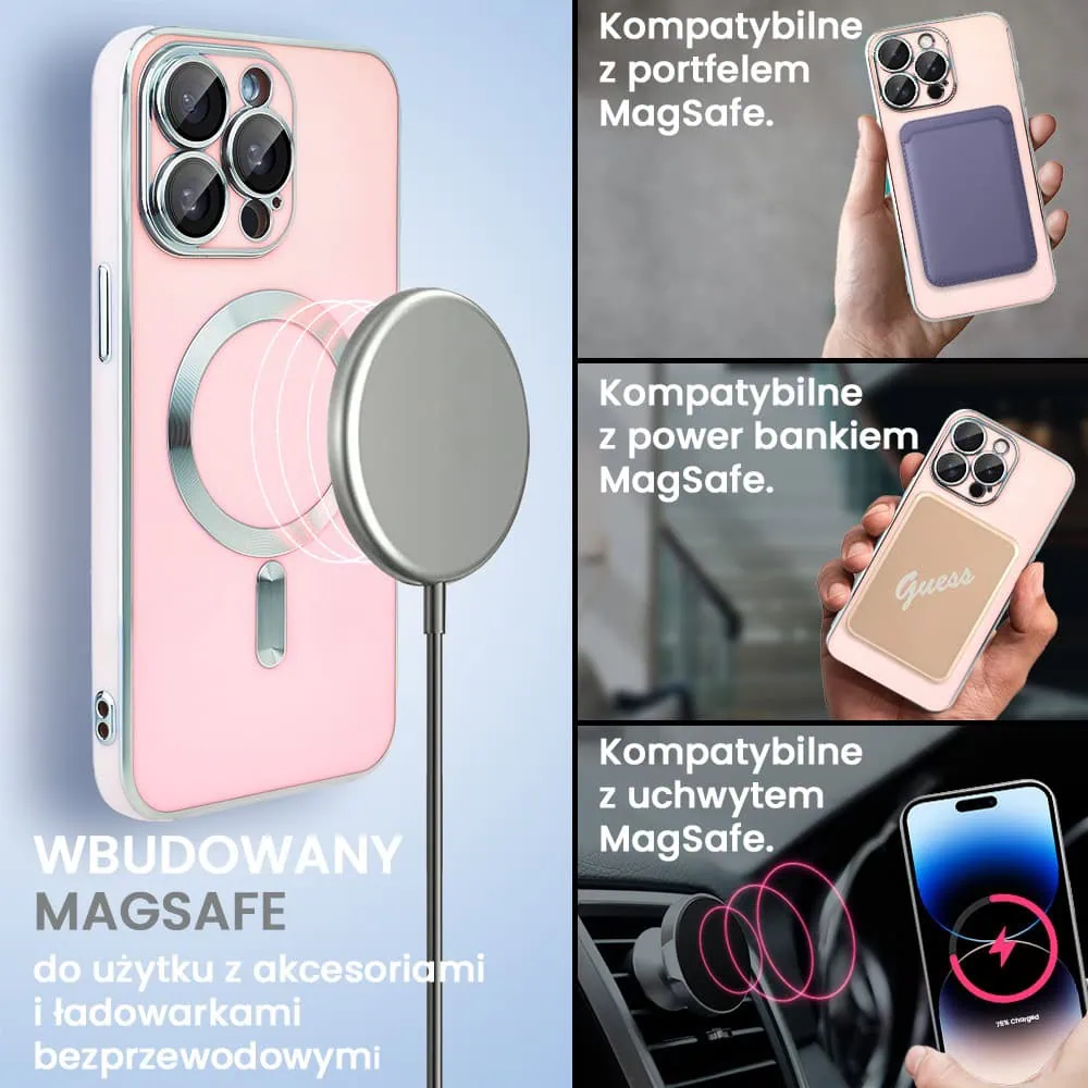 Etui do iPhone 14 Pro Magsafe Silver Elegance, z osłoną aparatu, delikatnie różowe
