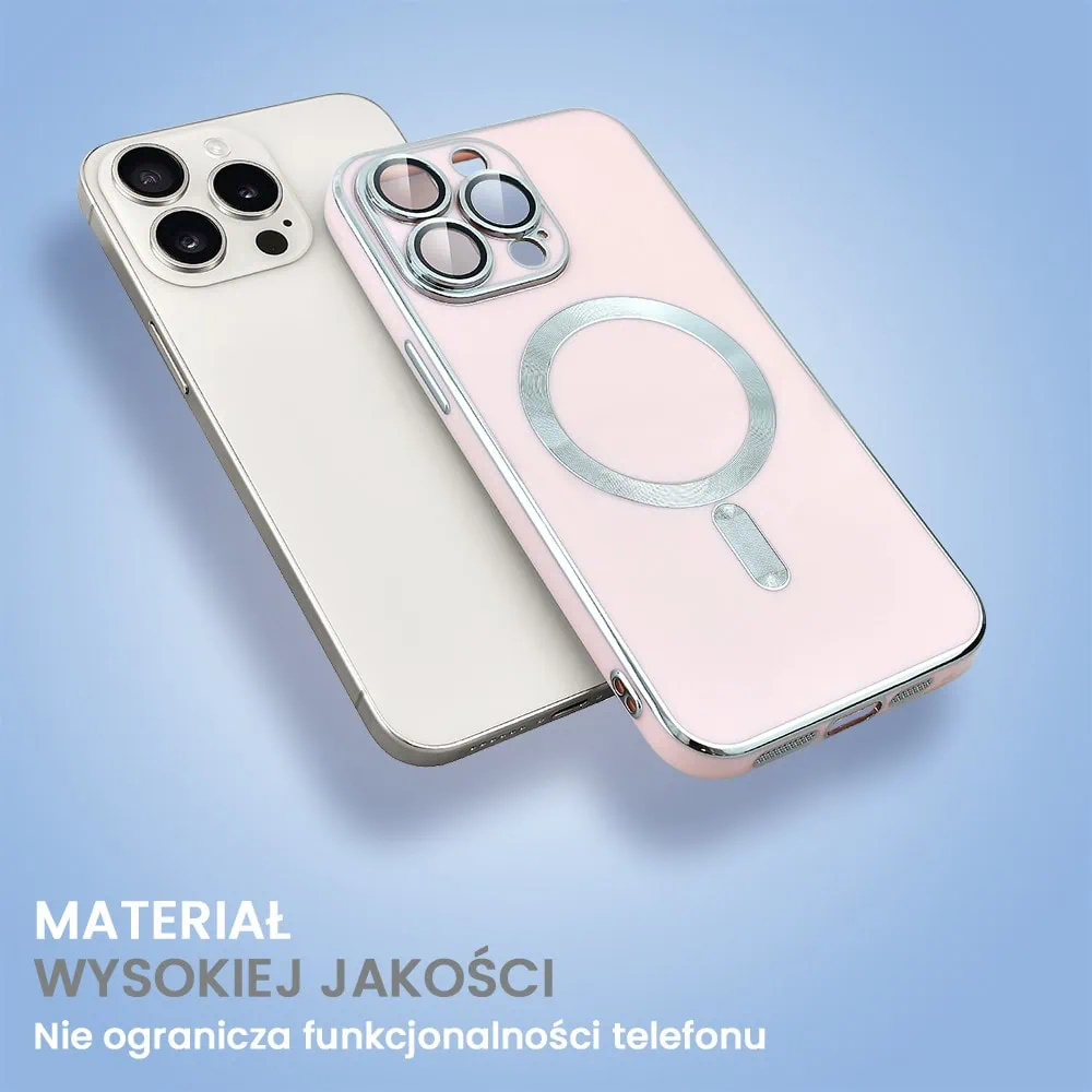 Etui do iPhone 14 Pro Magsafe Silver Elegance, z osłoną aparatu, delikatnie różowe