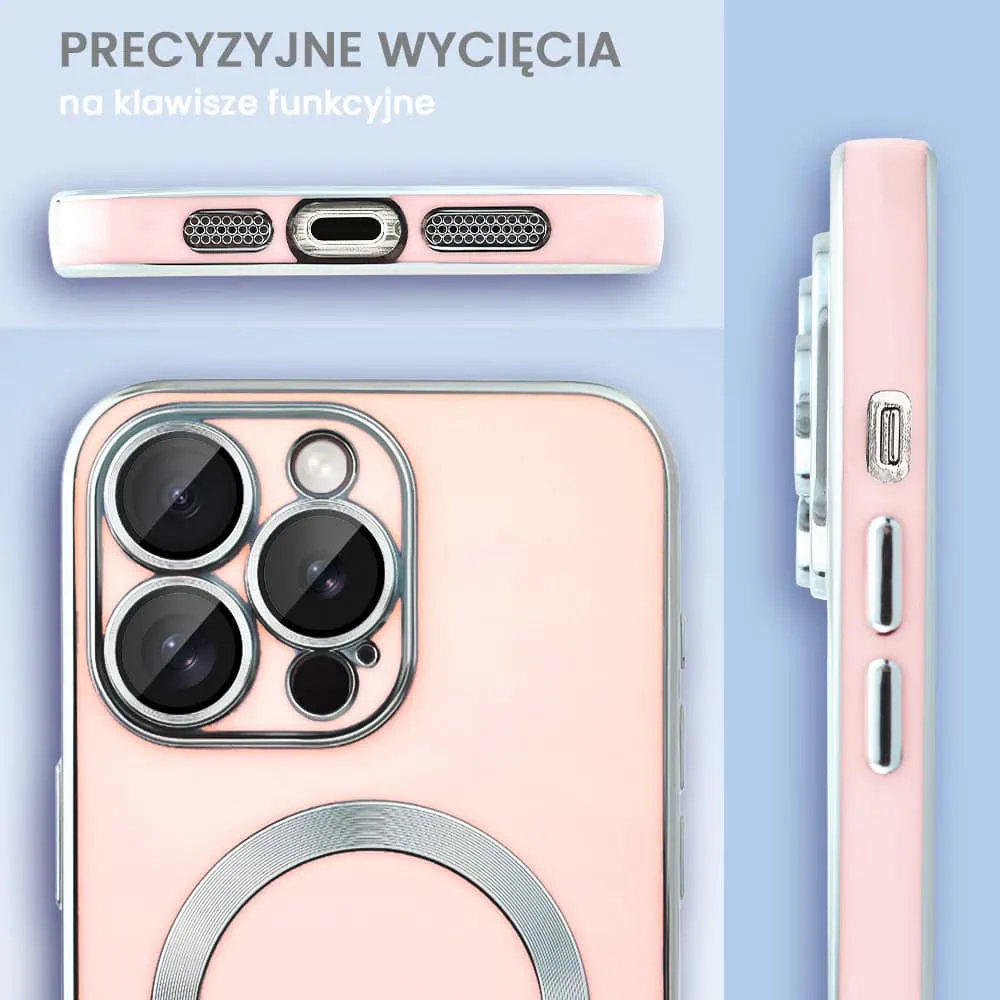 Etui do iPhone 14 Pro Magsafe Silver Elegance, z osłoną aparatu, delikatnie różowe