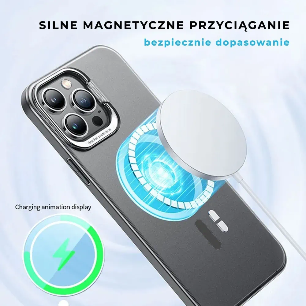 Etui do iPhone 14 Pro Cam Stand MagSafe z podstawką, twarde, matowe półprzeźroczyste, czarne