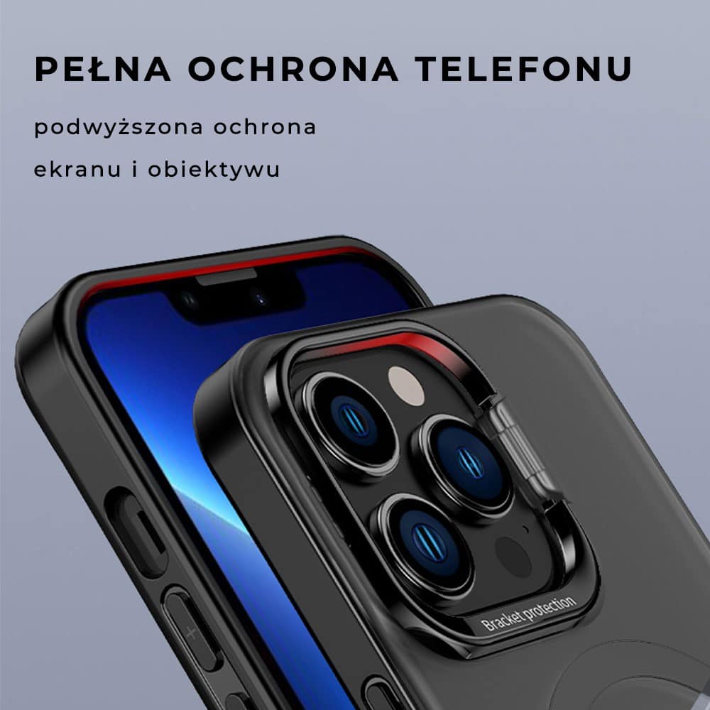 Etui do iPhone 14 Pro Cam Stand MagSafe z podstawką, twarde, matowe półprzeźroczyste, czarne